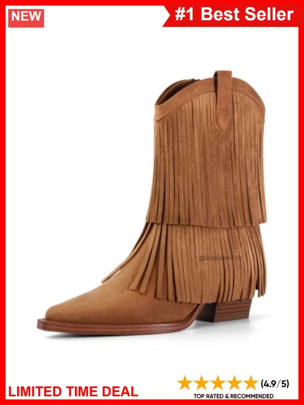 Faux Suede Fringe Cowboy Boots Mid Calf Pointed Toe Block Heel Western